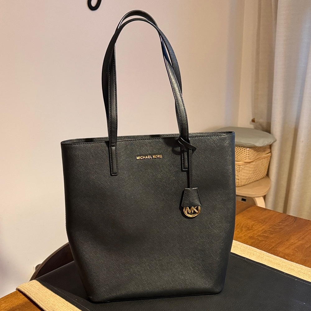 Michael Kors Black Leather Tote with Gold MK Pendant